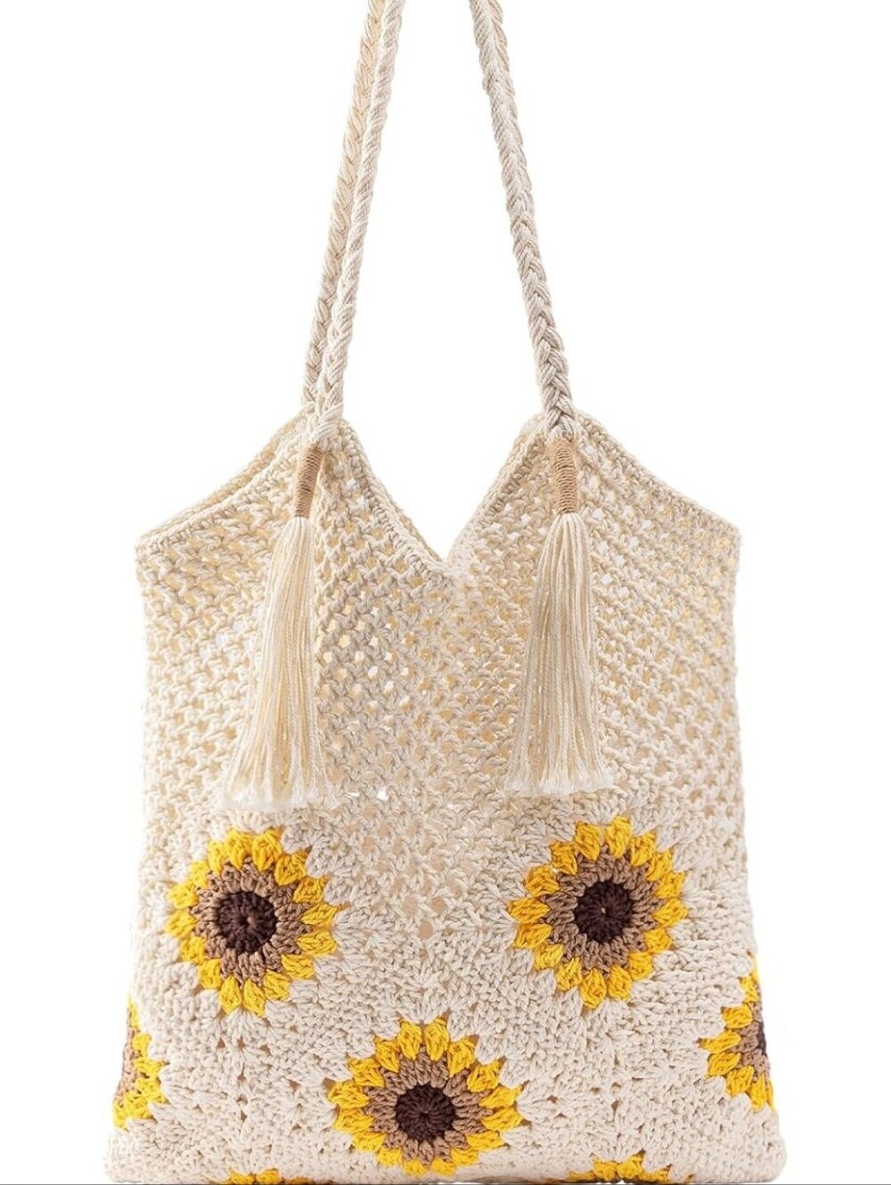 Cream Crochet Sunflower Tote Bag with Tassel Straps
